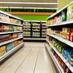 **Image Prompt:** A supermarket aisle with healthy snacks at eye level and sugary drinks on lower shelves, illustrating "nudging" in a Polish supermarket setting. Focus on visual cues and product placement.