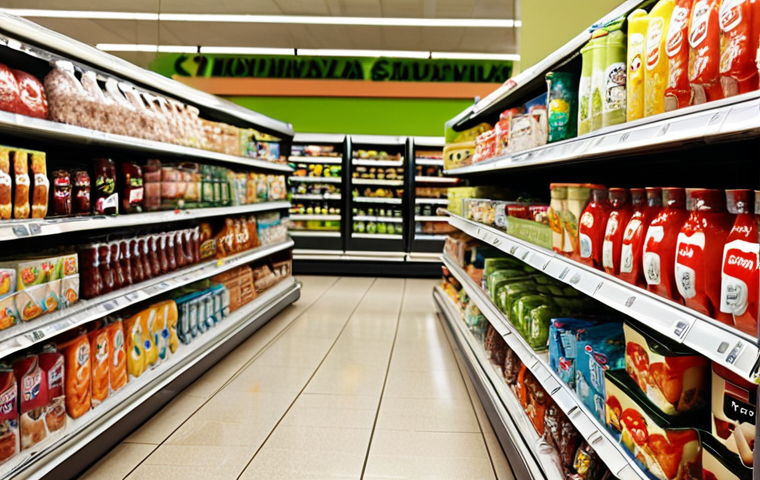 **Image Prompt:** A supermarket aisle with healthy snacks at eye level and sugary drinks on lower shelves, illustrating "nudging" in a Polish supermarket setting. Focus on visual cues and product placement.