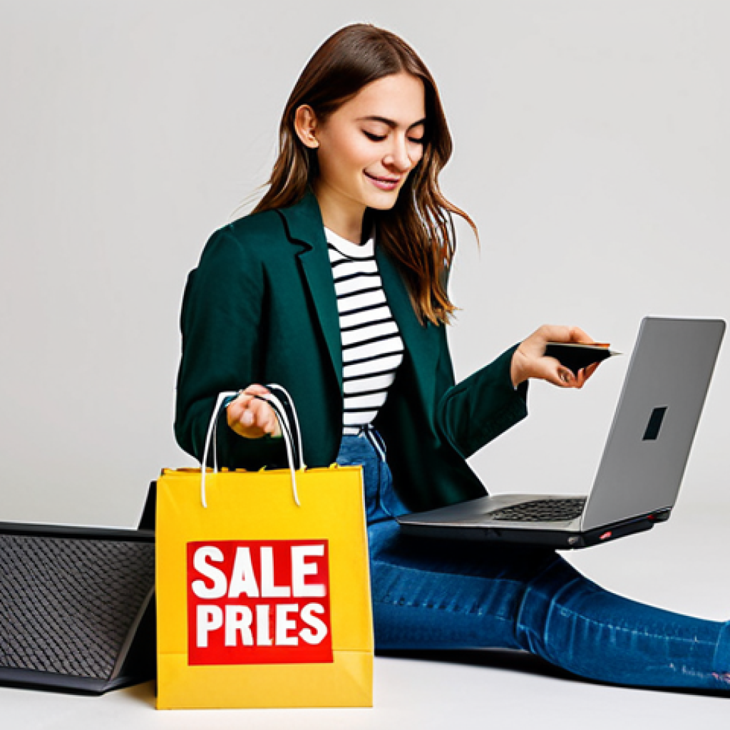 Online Shopping Sale**
"A woman browsing an online shop on her laptop, surrounded by shopping bags, fully clothed in casual attire, safe for work, appropriate content, promotional banners with 'Wyprzedaż' (Sale) and discounted prices displayed on the screen, emphasizing limited-time offers, perfect anatomy, natural proportions, professional product photography, high quality, family-friendly, modest."
**