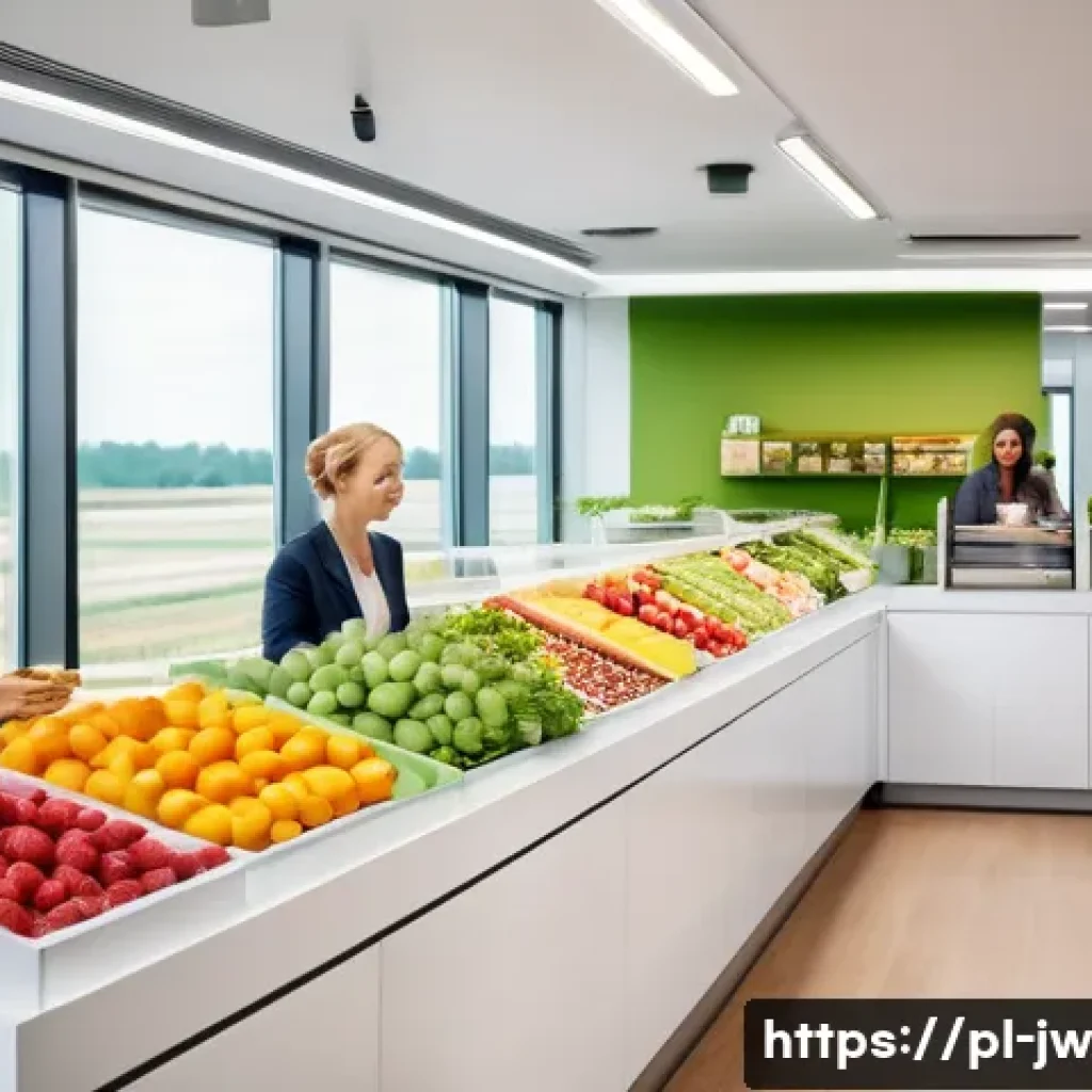 넛지 기법을 통한 조직의 혁신 촉진하기 - A modern Polish office cafeteria scene with employees choosing healthy snacks, featuring a brightly ...
