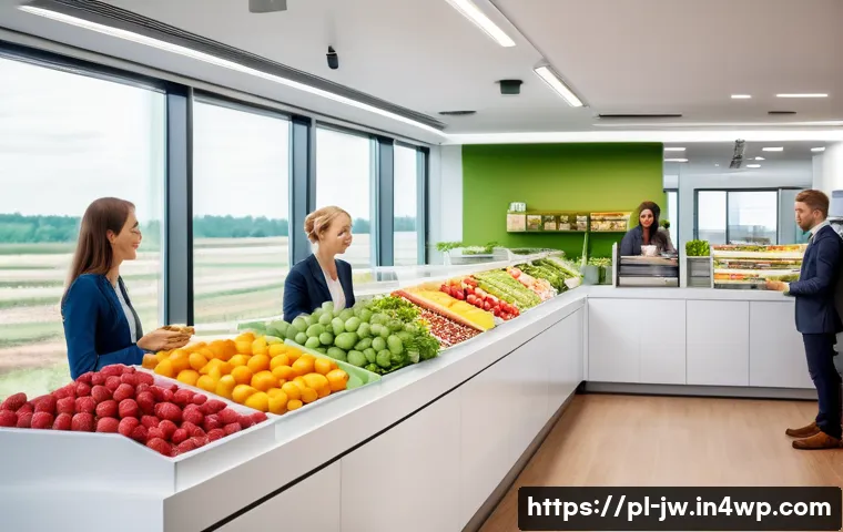 넛지 기법을 통한 조직의 혁신 촉진하기 - A modern Polish office cafeteria scene with employees choosing healthy snacks, featuring a brightly ...