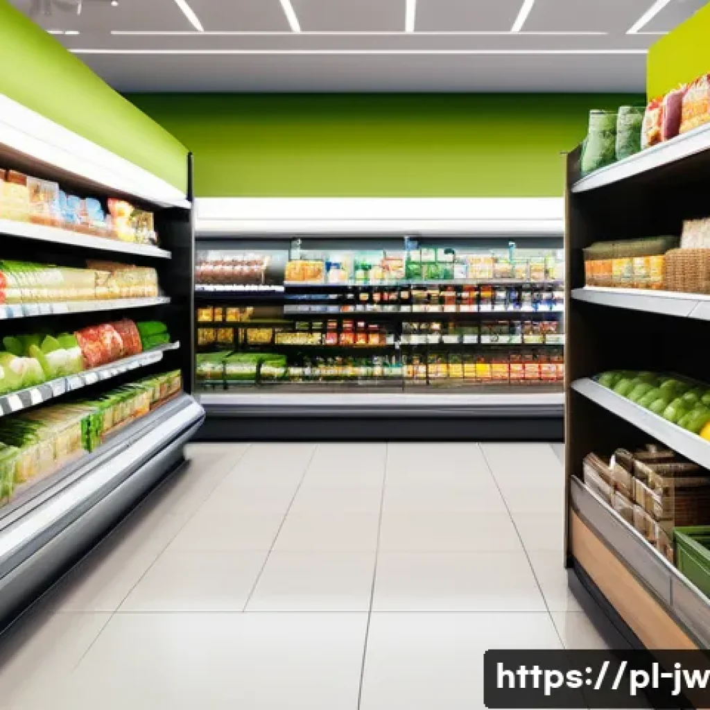 넛지 활용 사례 연구 성공적인 기업 분석 - A modern supermarket interior showcasing a well-organized layout with healthy snacks placed prominen...