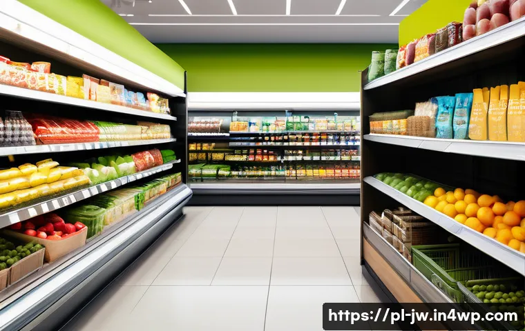 넛지 활용 사례 연구 성공적인 기업 분석 - A modern supermarket interior showcasing a well-organized layout with healthy snacks placed prominen...