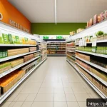 Home 21 넛지 기법으로 윤리적 소비 촉진하기 - A bright, modern Polish supermarket aisle featuring eco-friendly and fair trade products prominently...