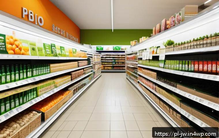 넛지 기법으로 윤리적 소비 촉진하기 - A bright, modern Polish supermarket aisle featuring eco-friendly and fair trade products prominently...