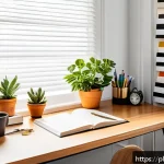Home 19 넛지 기법으로 개인 성장 촉진하기 - A cozy, well-organized home office space with a clean desk featuring neatly stacked books, a small p...