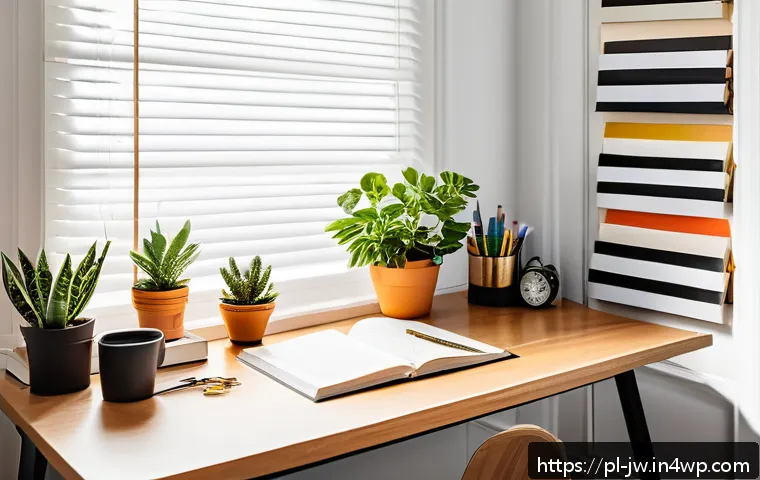넛지 기법으로 개인 성장 촉진하기 - A cozy, well-organized home office space with a clean desk featuring neatly stacked books, a small p...