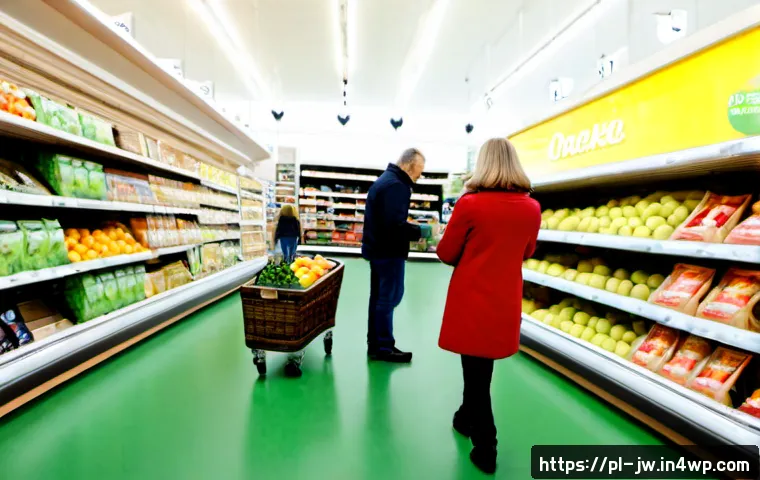 Home 17 넛지 기법과 행동 변화의 메커니즘 - Photorealistic behavioral economics scene in a bright modern Polish supermarket, an adult shopper ca...